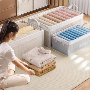 Cutie container de depozitare din PVC, Flippy, de stocare, Dimensiuni multiple, Accesoriu robust pentru organizarea de uz casnic, volum 26L, 47 x 28 x 20 cm, Transparenta - Img 2