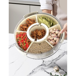 Cutie de Depozitare pentru Alimente, Flippy, cu 6 Compartimente, pentru Condimente, Fructe, Legume, cu Manere de Prindere, Rotativa 360 de Grade, Inchidere Ermetica, 32x8 cm, Alba - Img 12