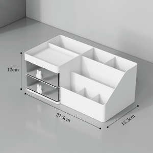 Cutie de Depozitare pentru Birou, Flippy, Pentru Makeup, Papetarie, Organizator Cosmetice, 2 Sertare si Compartimente Multiple, Model Iepuras, Plastic, 27.5x15.5x12 cm, Alb - Img 11