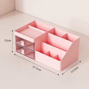 Cutie de Depozitare pentru Birou, Flippy, Pentru Makeup, Papetarie, Organizator Cosmetice, 2 Sertare si Compartimente Multiple, Model Iepuras, Plastic, 27.5x15.5x12 cm, Roz - Img 11