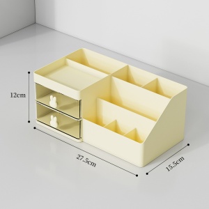 Cutie de Depozitare pentru Birou, Flippy, Pentru Makeup, Papetarie, Organizator Cosmetice, 2 Sertare si Compartimente Multiple, Model Iepuras, Plastic, 27.5x15.5x12 cm, Crem - Img 7