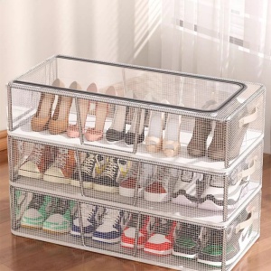 Cutie de Depozitare pentru Pantofi, Flippy, 40x30x21 cm, din Plasa PVC Impermeabila si Cadru de Otel, Pliabila, Fermoar Bidirectional, Transparenta - Img 8