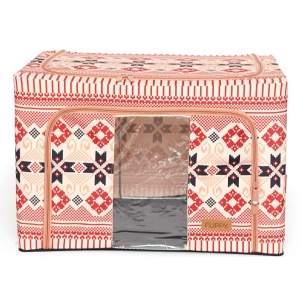 Cutie de Depozitare Pliabila, Flippy,100 L din Bumbac si In, 60X42X40 cm, Fereastra Frontala, 2 Usi de Acces cu Fermoar Bidirectional, Cadru Metalic, Suport Baza Stabil din Plastic, Motiv Traditional Model 1 - Img 11