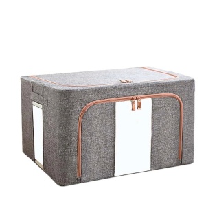 Cutie de Depozitare Pliabila, Flippy, 24 L, din Bumbac si In, 40x30x20 cm, 2 Ferestre, Frontala si Laterala, 2 Usi de Acces cu Fermoar Bidirectional, Cadru Metalic, Suport Baza Stabil din Plastic, Gri - Img 5