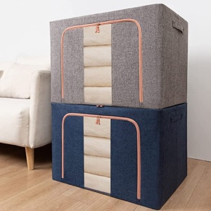 Cutie de Depozitare Pliabila, Flippy, 66 L, din Bumbac si In, 50x40x33 cm, Fereastra Frontala, 2 Usi de Acces cu Fermoar Bidirectional, Cadru Metalic, Suport Baza Stabil din Plastic, Albastru Marin - Img 3