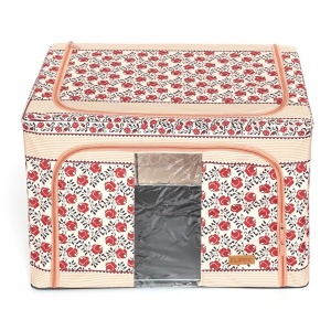 Cutie de Depozitare Pliabila, Flippy, 66 L din Bumbac si In, 52 x 42 x 39 cm, Fereastra Frontala, 2 Usi de Acces cu Fermoar Bidirectional, Cadru Metalic, Suport Baza Stabil din Plastic, Motiv Traditional Model 7 - Img 6