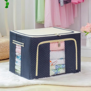 Cutie de Depozitare Pliabila, Flippy, 66 L, din Panza Oxford, 50x40x33 cm, 2 Ferestre, Frontala si Laterala, 2 Usi de Acces cu Fermoar Bidirectional, Cadru Metalic, Suport Baza Stabil din Plastic, Imprimeu Buline, Albastru Marin - Img 2