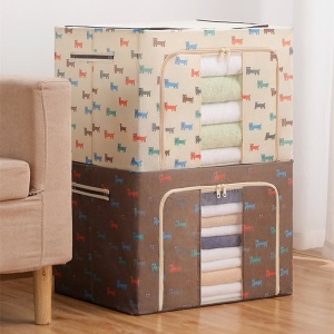 Cutie de Depozitare Pliabila, Flippy, 66 L, din Tesatura Oxford, 50x40x33 cm, Fereastra Frontala, 2 Usi de Acces cu Fermoar Bidirectional, Cadru Metalic, Suport Baza Stabil din Plastic, Imprimeu Catelusi, Maro - Img 4