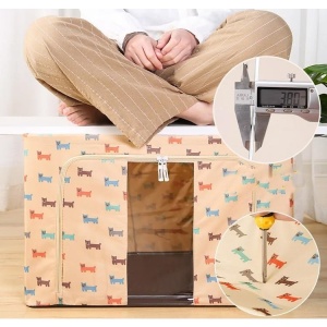 Cutie de Depozitare Pliabila, Flippy, 66 L, Panza Oxford, 50x40x33 cm, Fereastra Frontala, 2 Usi de Acces cu Fermoar Bidirectional, Cadru Metalic, Suport Baza Stabil din Plastic, Imprimeu Catelus, Bej - Img 2