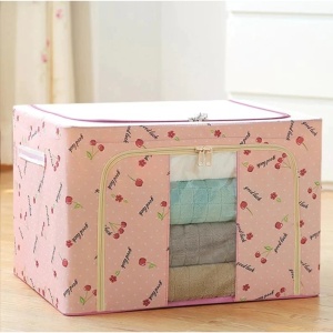Cutie de Depozitare Pliabila, Flippy, Cu Fermoar, 100 L, Textil, 60x42x40 cm, cu Fereastra, Cadru Metalic, Suport Baza Stabil din Plastic, Imprimeu Cirese, Roz - Img 3