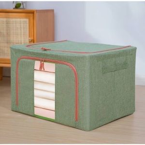 Cutie de Depozitare Pliabila, Flippy, Cu fermoar Bidirectional, 66 L, Textil, 50x40x33 cm, Cadru Metalic, o Fereastra, Suport Baza Stabil din Plastic, Verde - Img 2