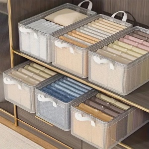 Cutie de Depozitare Tip Cos, Flippy, Material Textil Transparent, Pliabila, 47x28x20 cm, 35 l, Cadru Metalic, cu Manere, Alb - Img 3