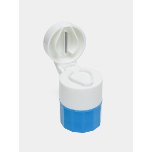 Cutie Pastile Multifunctionala, Flippy, 4 in 1, Pahar Apa, Taiere, Sfaramare, Depozitare, Compact, ABS cu Lama din Inox, Alb/Albastru, 8.7x6.2x4.1 cm - Img 6