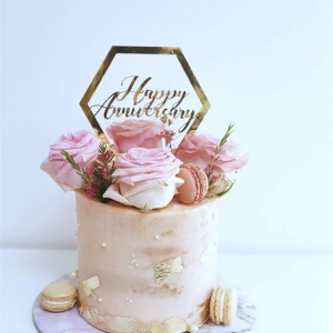 Decoratiune Topper pentru Tort, Flippy, Model Hexagon Scris Happy Birthday, Tematica Aniversare, Auriu - Img 3