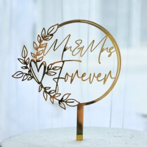 Decoratiune Topper pentru Tort, Flippy, Model Mr&Mrs Forever, Tematica Nunta, 10 cm, Auriu - Img 3