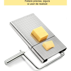 Feliator manual Flippy, pentru cascaval, salam, prajituri, unt, din otel inoxidabil, usor de curatat si utilizat, 5 lame de schimb incluse, picioare antiderapante, 21 x 12.2 x 2.8 cm, argintiu - Img 5