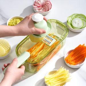 Feliator Multifunctional, Flippy, 3 in 1, pentru Fructe si Legume, 6 Piese, Maner, Lame de Inox, Recipient Stocare, Protectie Mana, ABS, 35x12x9.4 cm, Verde - Img 9