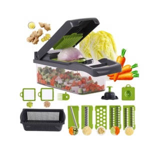 Feliator Multifunctional, Flippy, Razatoare, 8 in 1, pentru Fructe si Legume, 10 Piese, Lame de Inox, Recipient Stocare, Separator Oua, Protectie Mana, ABS, 32.2x11.3 cm, Verde/Gri - Img 6