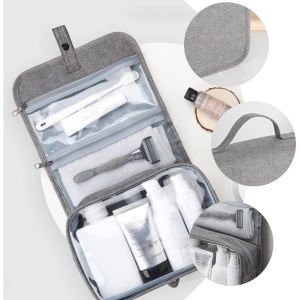 Geanta cosmetice voiaj, Flippy, material panza, impermeabil, 3 compartimente, cu agatatoare, Gri, 47 x 28 x 20 cm - Img 8