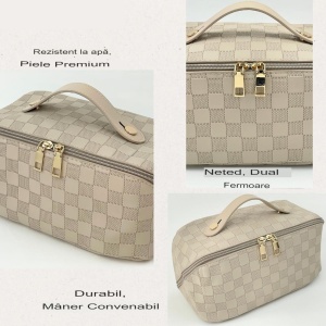Geanta de Calatorie Flippy, Pentru Cosmetice, Portabila, Impermeabila, din Piele Ecologica, Compartimente Multiple, cu Fermoar, 22 x 13 x 12.5 cm, In Carouri, Crem - Img 4
