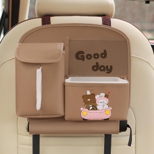 Geanta Multifunctionala de Depozitare, Flippy, pentru Bancheta din Spate a Masinii, Animat, Model Ursuleti, Scris Good Day, Suport Servetele si Telefon, 25x31 cm, Maro - Img 3