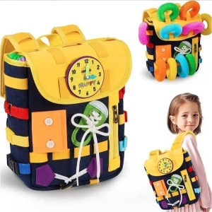 Ghiozdan Montessori, Flippy, pentru Copii 2-6 ani, Fidget Pop, cu Catarame si Fermoare, Jucarii Senzoriale, Activitate de Invatare prin Joc, Albastru Marin, 0.25 kg, 28x10x23 cm - Img 6