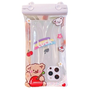 Husa subacvatica Fruity Waterproof Flippy, Snowproof, Universala, Impermeabila, cu Snur, pentru telefon sau documente, Cherry Bear, Alb - Img 1