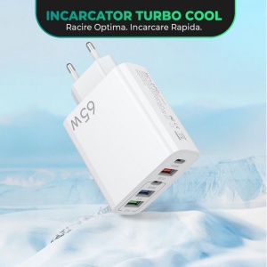 Incarcator Retea, Flippy, 5 Porturi, 65W Fast Charge, 3 x USB, 2 x Type-C, Universal Compatibil iPhone, Huawei, Samsung, Xiaomi, Alb - Img 3