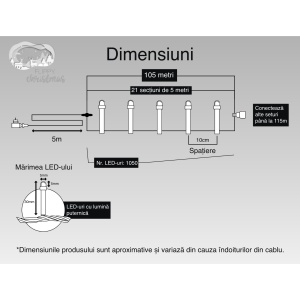 Instalatie Craciun, 105 m, 1050 Led-uri ,Liniara, Albastru, 8 jocuri de lumini, Transformator cu telecomanda, Interconectabila, Prelungitor 5 m inclus, Fir Transparent, Flippy - Img 6