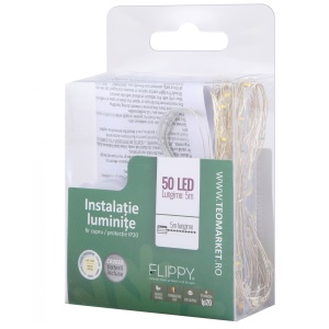 Instalatie Craciun, 5 metri, 50 LED-uri, alb cald, cu baterii, fir cupru, liniar, interior/exterior, Flippy - Img 6