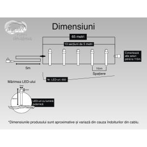Instalatie Craciun, 65 m, 650 Led-uri ,Liniara, Albastru, 8 jocuri de lumini, Transformator cu telecomanda, Interconectabila, Prelungitor 5 m inclus, Fir Transparent, Flippy - Img 6
