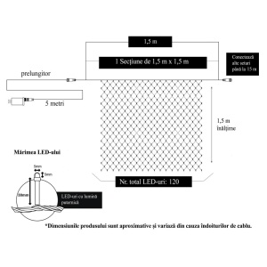 Instalatie Craciun, Tip Plasa, 1.5 m x 1.5 m, 120 LED-uri, Albastru, 8 jocuri de lumini, Transformator cu telecomanda, Interconectabila, Prelungitor 5 m inclus, Fir transparent, Flippy - Img 6