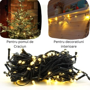 Instalatie de Craciun liniara Yoto, 10 m, din care 1 m cablu priza 220V, 100 LED, 8 jocuri de lumini, controler, fir negru, alb cald - Img 2