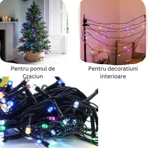 Instalatie de Craciun liniara Yoto, 10 m, din care 1 m cablu priza 220V, 100 LED, 8 jocuri de lumini, pentru interior, controler, fir negru, multicolor - Img 6