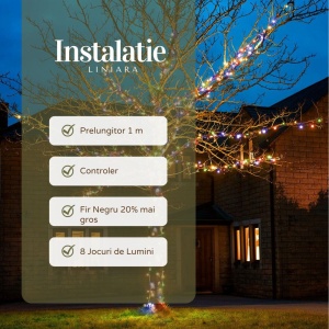 Instalatie de Craciun Liniara Yoto, 22 m, din care 1 m Prelungitor 220V, 300 LED, 8 jocuri de lumini, Controler, Utilizare Interior/Exterior, Fir Negru, multicolor - Img 2