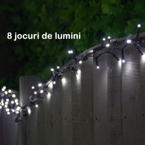 Instalatie de Craciun liniara Yoto, 24 m, din care 1 m cablu priza 220V, 300 LED, 8 jocuri de lumini, beculet in 6 colturi, pentru interior, controler, fir negru, alb rece - Img 2