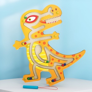 Joc Montessori cu Bile, Flippy, Creion Magnetic, Tip Labirint, din Lemn, Model Tiranozaur, 21x18 cm, Portocaliu - Img 3