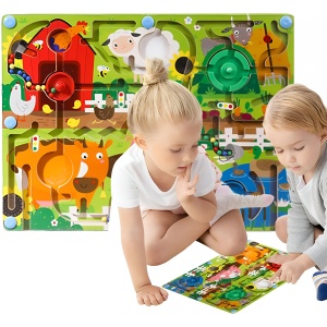 Joc Montessori de Sortare Culori, Flippy, Creion Magnetic, Tip Labirint Ilustrat, din Lemn, Model Ferma, 39x29x1.5 cm - Img 5