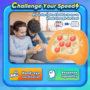 Joc Pop It, Flippy, consola, joc interactiv, antistres, cu baterii, Abs si silicon, Portocaliu, 12 x 10 x 5.8 cm - Img 5