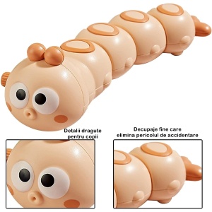 Jucarie mecanica pentru copii Flippy, omida haioasa, cu cheita, distractiva, se taraste, se misca, 15 x 4 cm, portocaliu - Img 3