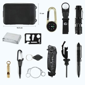 Kit supravietuire 19 in 1 Flippy, Cutit/Busola/Lanterna/Fluier/Chingi/Paracord, pentru Caping, Drumetii, Aventuri, Insturmente profesionale, Negru - Img 6