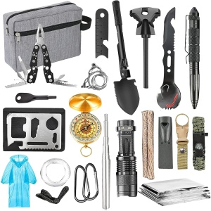 Kit supravietuire multifunctional Flippy, Instrumente profesionale, Agatatoare ghiozdan, pentru Camping, Drumetii, Aventuri in aer liber, borseta inclusa, gri - Img 1