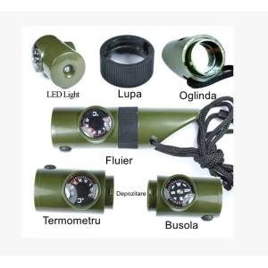Kit supravieturie Flippy, Fluier multifunctional 7 in 1, pentru drumetii, hiking, lupa, fluier, termometru, depozitare pastile, busola, din material ABS, cu snur, 9,7 x 2,8 cm, verde - Img 10