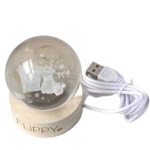 Lampa LED Decorativa, Flippy, cu Bila de Cristal cu Diametru 6cm, Model Merry Christmas 3D, Alimentare USB, Suport din Lemn, Lumina Alb Cald - Img 1