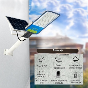 Lampa solara stradala Flippy, IP66, senzor de lumina, 120 LED-uri SMD, 1800 lm, panou 20W, putere 100W, autonomie 12-16 ore, telecomanda, montare prin fixare, pentru strada sau gradina, finisaj mat, material ABS, 49 x 21 x 5.5 cm, gri - Img 2