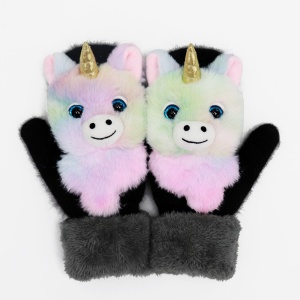 Manusi pentru Copii, Flippy, din Plus cu Umplutura de Bumbac, Protectie Termica, 24 x 20 x 3 cm, Model Unicorn 3D, Roz/Negru - Img 2