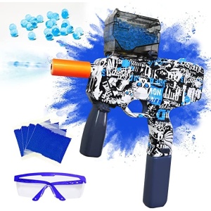 Mitraliera de jucarie electrica Flippy cu bile de hidrogen de gel, gun bluster, tragere in rafala, varsta peste 6 ani, ochelari de protectie, 5000 de bile incluse, cablu de incarcare, 40.1 x 31.6 cm, Mp9, albastru - Img 2