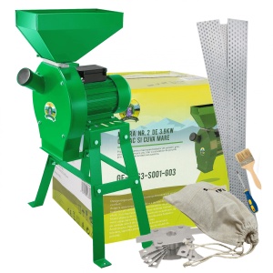 Moara cereale si stiuleti Micul Fermier cu suport, motor 3.9 Kw, 20 ciocanele, 4 site, sac, surubelnita si perie, cuva mare, 320 kg/h