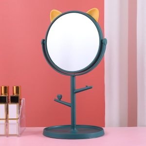 Oglina Cosmetica cu Picior, Flippy, HD, Rotire 360 Grade, 15 cm Diametru, Suport Bijuterii Baza Rotunda + 2 Brate, Model cu Urechi, 31 x 14.5 x 15 cm, din Plastic, Albastru/Galben - Img 3