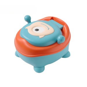 Olita pentru Copii, Flippy, +6 luni, Compartiment Detasabil, cu Capac, Antiderapanta, din Plastic, Colac Moale, Model Animat Ciclop, cu Maner, 33 x 21 x 45 cm, Albastru/Portocaliu - Img 4